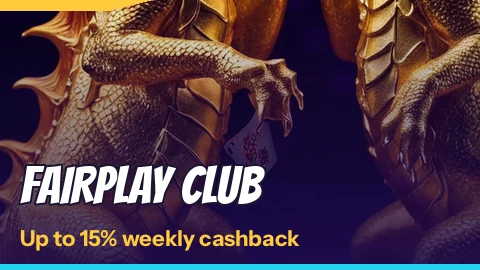 FairPlay Club tile on a night backdrop noting up to 15% weekly cashback